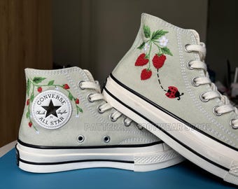Embroidered Converse High Tops, Ladybug and Raspberry Shoes