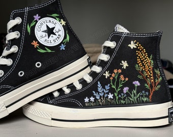 Flower Embroidered Converse High Tops, Butterfly Converse Shoes