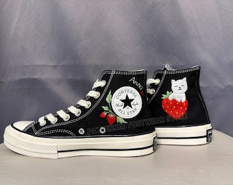 Custom Embroidered Converse Chuck Taylor 1970s High Tops, Cat Strawberry Design