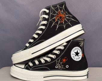 Custom embroidered Spiderwebs Converse High Tops, Animal embroidered Converse shoes,  Black Converse embroidered High Tops