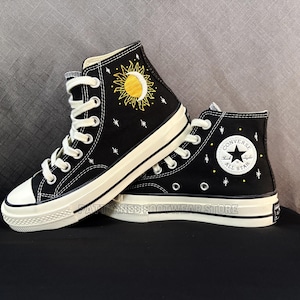 Converse Custom, The Moon Hugs the Sun Embroidered Converse High Tops, Converse embroidered, Black Converse embroidered High Tops for girls