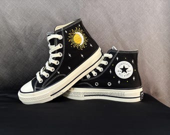 Embroidered Converse High Tops, Moon & Sun, Custom Black Sneakers