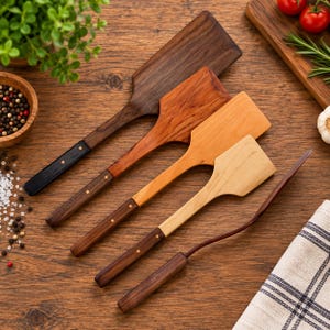 May include: A set of four wooden kitchen spatulas with varying wood tones ranging from dark brown to light tan, each featuring a long handle with two small metal rivets. The spatulas are arranged diagonally alongside a thin, dark wooden stirring tool.