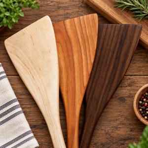 May include: Three wooden spatulas arranged side by side, featuring distinct wood tones ranging from a light cream color to a medium reddish-brown and a dark espresso brown. Each utensil has a flat, wide head and a smooth, natural grain finish.