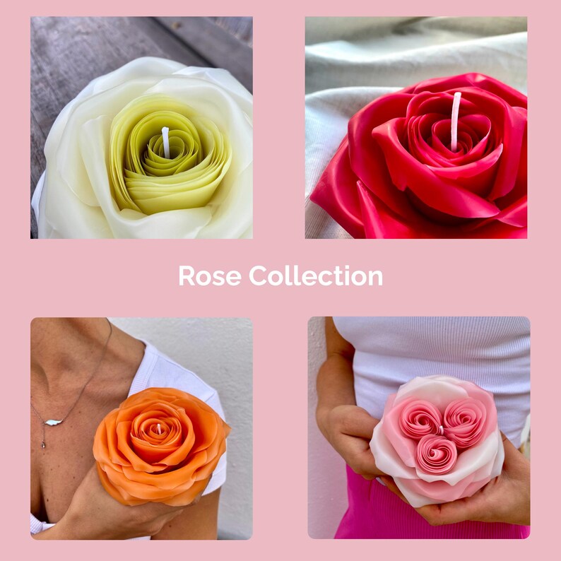 Puede incluir: Cuatro velas con forma de rosa en blanco, rojo, naranja y rosa. Las velas est&aacute;n dispuestas en un collage con el texto "Rose Collection" en la parte inferior.
