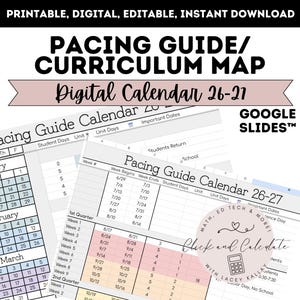 以下が含まれることがあります： 「Pacing Guide/Curriculum Map」と題されたデジタルカレンダー。テキストには「Digital Calendar 26-21」と「Google Slides」が含まれています。カレンダーは、日付と学生の日や重要な日付のセクションを含む月間レイアウトを表示します。