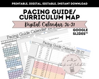 May include: Digital calendar titled "Pacing Guide/Curriculum Map" with the text "Digital Calendar 26-21" and "Google Slides". The calendar displays a monthly layout with dates and sections for student days and important dates.