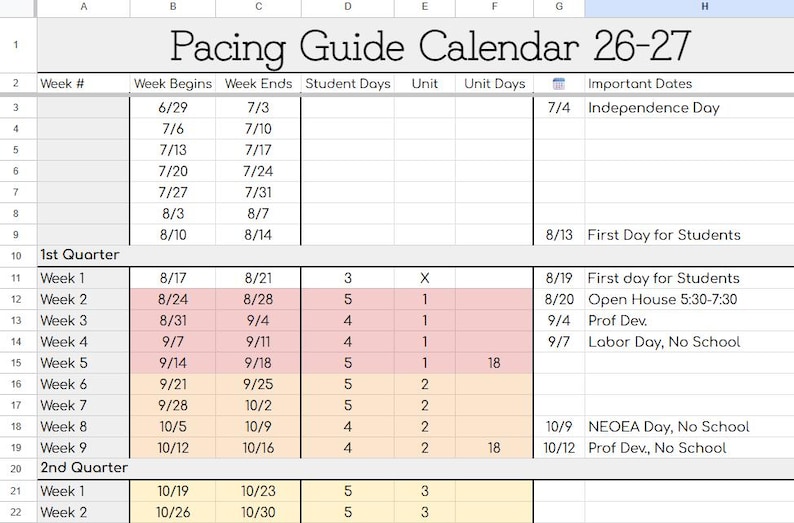 Weekly Pacing Guide Pacing Guide 26-27 | Editable Digital Calendar | Curriculum Map ...