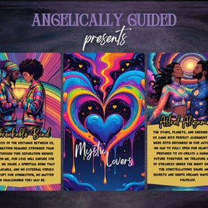 Op de afbeelding: Drie kleurrijke tarotkaarten met de tekst "ANGELICALLY GUIDED presents". De kaarten bevatten illustraties van koppels, harten en wervelende patronen. De kaarttitels zijn "Unbreakable Bond", "Mystic Lovers" en "Astral Alignment".