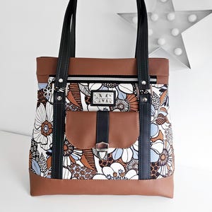 sac à main femme,taille moyenne,simili marron et noir,toile coton motifs floraux élégant,original et pratique,cousu main