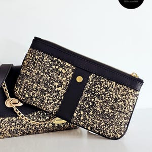 Pochette femme élégante Tweed Graphiques Noir et doré, pochette de sac, clutch zippée polyvalente, organisateur de sac, cousu main.