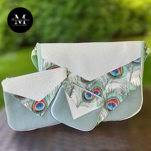 ensemble sac et pochettes-sac à main-sac à main femme-simili-velours côtelés-imprimé plume de paon-besace-pièce unique-cousu main.