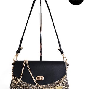 sac à main femme-sac de soirée-sac baguette-sac bandoulière et chaînette métal doré-vintage-tweed doré-simili noir-cousu main
