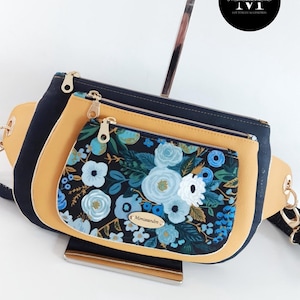 Gürteltasche aus Kork und geblümter Baumwolle – Kunstleder – Elegante und übersichtliche Gürteltasche – Damenhandtasche mit verstellbarem Schultergurt – Mehrere Fächer – Handgenäht