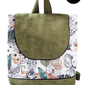 Sac à dos maternelle-crèche-nounou-sac d'école-simili imprimé animaux de la savane-suédine kaki-personnalisable-cousu main