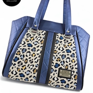 Sac à Main femme "Graou Chic"- Grand Sac Élégant Motif Léopard simili Bleu Métalisé -Sac Femme ldéal Quotidien-pièce unique-cousu main