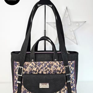 Damenhandtasche-Handtasche-Einzelstück-Handtasche aus schwarzem Kork und Leopardenmuster-Silberglanz-mehrere Fächer-handgenäht