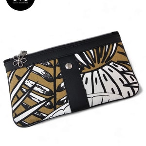 Pochette femme élégante motifs colorés noir et blanc fond ocre, pochette de sac, clutch zippée polyvalente, organisateur de sac, cousu main.