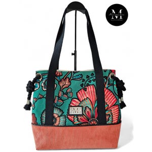 Cabas "Indy"|sac à main femme|sac fourre-tout élégant & pratique|Toile fleurie et velours côtelé corail|cousu main