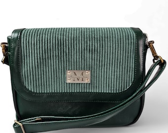 Cordhandtasche - Damentasche - grüner Cord - grünes Kunstleder - verstellbarer Schultergurt - Reißverschluss - handgenäht -