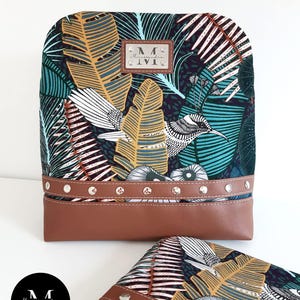 Sac à dos femme antivol & 2 en 1 transformable en sac à main -simili marron fauve-toile coton imprimé-cousu main