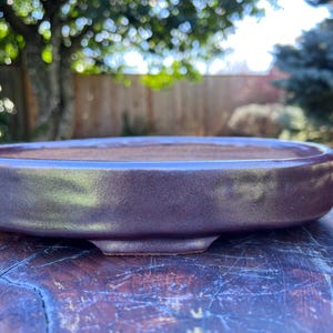 May include: A low, oval-shaped, dark purple ceramic bonsai pot. The pot has a slightly textured surface and a raised base. The interior is a lighter brown color. The pot is sitting on a wooden surface.