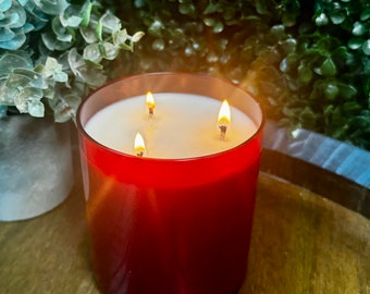 May include: A red glass candle jar with three lit wicks. The candle is surrounded by green foliage.