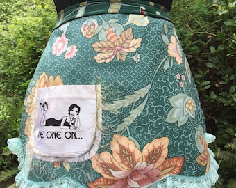 Floral Half Apron, Mint Green Retro Hostess Apron with Pocket