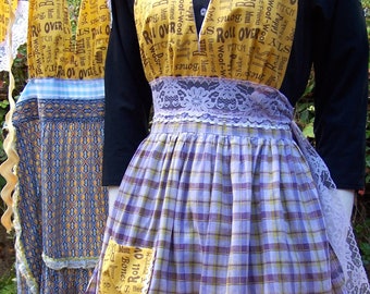 Vintage Dog Print Halter Apron: Yellow Dog Words, Purple Lace Ties