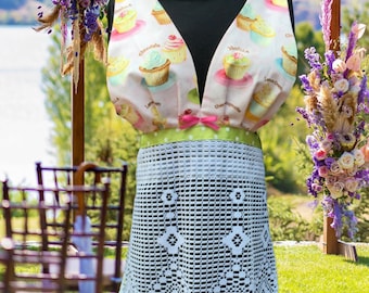 Pink Cupcake Apron: Fun Gift. Vintage Lace, Halter Top, Lime Green Ties