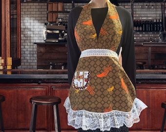 Halter Apron for Women: Octopus Print, Scalloped Lace Trim