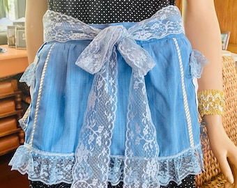 Ruffled Short Vintage Apron: Upcycled Blue Cotton Poodle Pockets