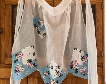 Pastel Chiffon Vintage Apron For Women. Floral Handkerchief Pocket