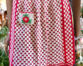 Small Sized Vintage Apron for women or girls apron Crochet Vintage Apron Womens Apron Red White Green Smaller Sized Apron Handmade crochet