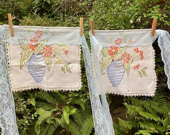 Vintage Embroidered Aprons: Girls/Petite Size, Floral Design, Handmade Set of 2