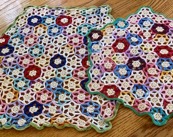 Large Vintage Hand Crochet Doilies - Colorful Cotton Set of 2