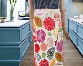 Retro Womens Bistro Cooks Apron. Large Apron with pockets Cooking apron for women. Upholstery weight fabric, pop art flowers. One of a kind
