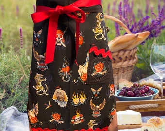Tattoo Print Bistro Apron: Men or Womens Cooking apron. Cotton. Nice design