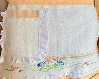 Vintage Girls Half Apron, Embroidered Linen Towel, Peach Lace Trim