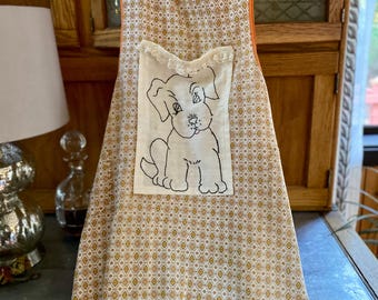 Vintage Bib Apron For Women: Embroidered Dog Pocket, Full Coverage Cotton Full Apron