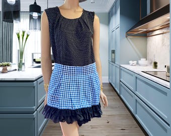 Vintage Blue Gingham Apron with Black Ruffle Trim, Handmade