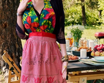 Cows Kissing Vintage Red Gingham Apron:  Fun  Vintage Red Apron with Halter.