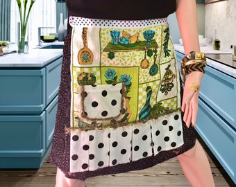 Vintage Linen Half Apron: Handmade Polka Dot Towel Apron