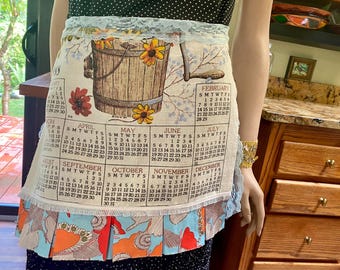 1988 Calendar Apron, Vintage Linen Half Apron with Lace