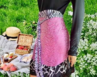 Pink Brocade Apron with Zebra Waist Ties, Retro Waitress Style