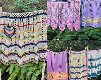 Crochet half apron Vintage handmade apron for women Rainbow color strips Pretty vintage half apron Unique gift