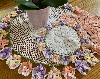 Set of 3 Vintage Hand-Crocheted Doilies with Pansy Flowers – USA Made Home Decor