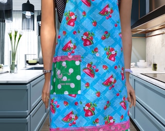 Party Womens Bib Apron: Red Fruit, Green Pocket, Blue Apron with Vintage Lace