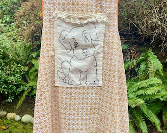 Vintage Bib Apron For Women: Embroidered Dog Pocket, Full Coverage Cotton Full Apron
