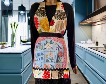 Floral Linen Halter Apron: Upcycled Retro Kitchen Apron